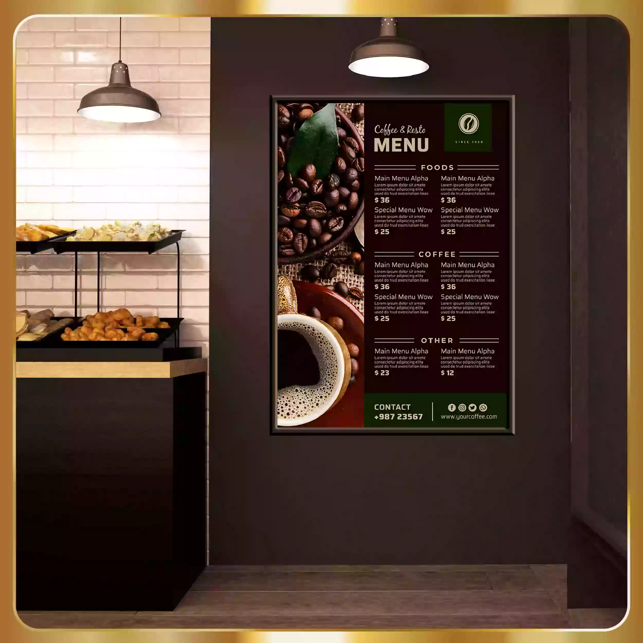 A coffee shop with a menu on the wall.